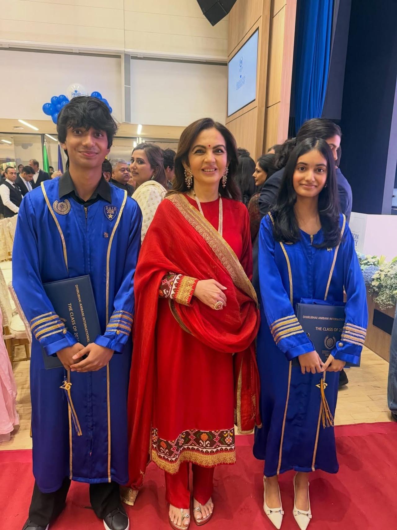 In one of the pictures, Farah's son Czar and daughter Diva, were seen posing with Nita Ambani, who dressed in a red anarkali suit. In one of the pictures, Farah's son Czar and daughter Diva, were seen posing with Nita Ambani, who dressed in a red anarkali suit.