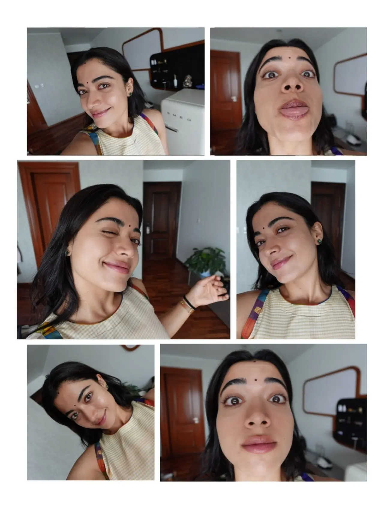 Rashmika Mandanna shared a collage of her goofy and sweet selfies, where she is seen wearing a lemon yellow halterneck top. Rashmika Mandanna shared a collage of her goofy and sweet selfies, where she is seen wearing a lemon yellow halterneck top.