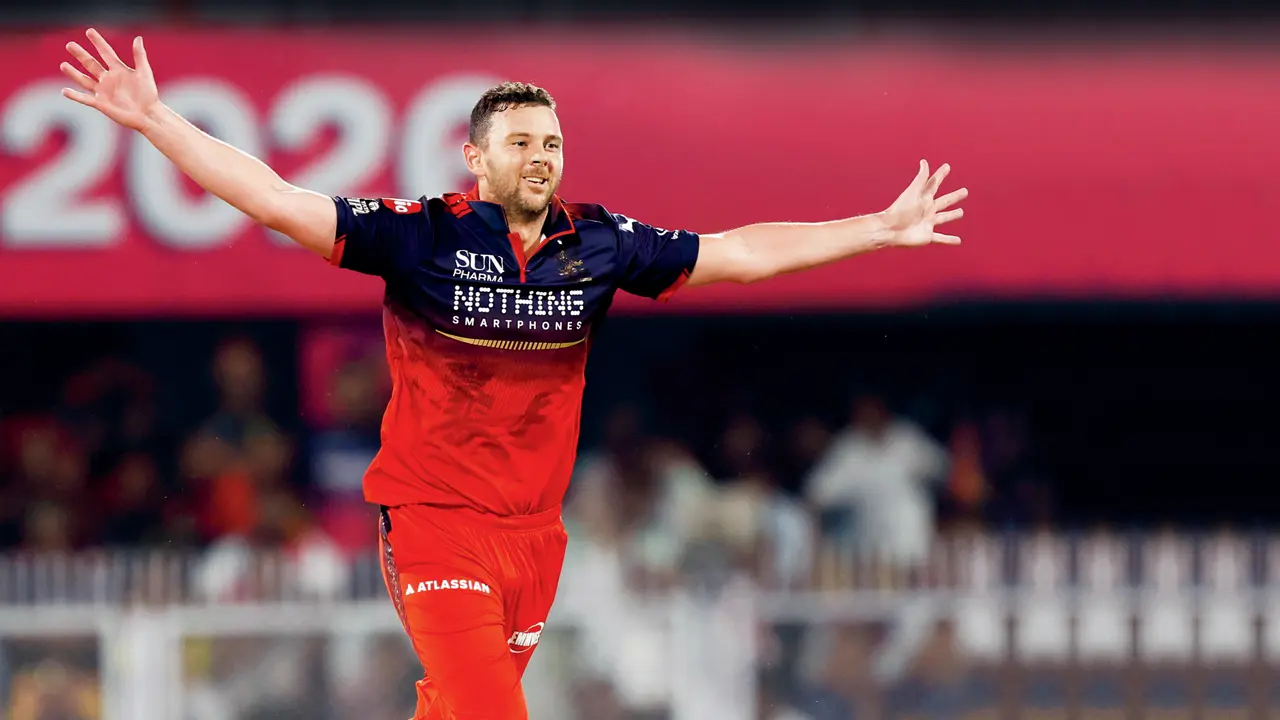 RCB’s Josh Hazlewood celebrates the wicket of RR’s Yashasvi Jaiswal in Guwahati last month. Pic/IPL