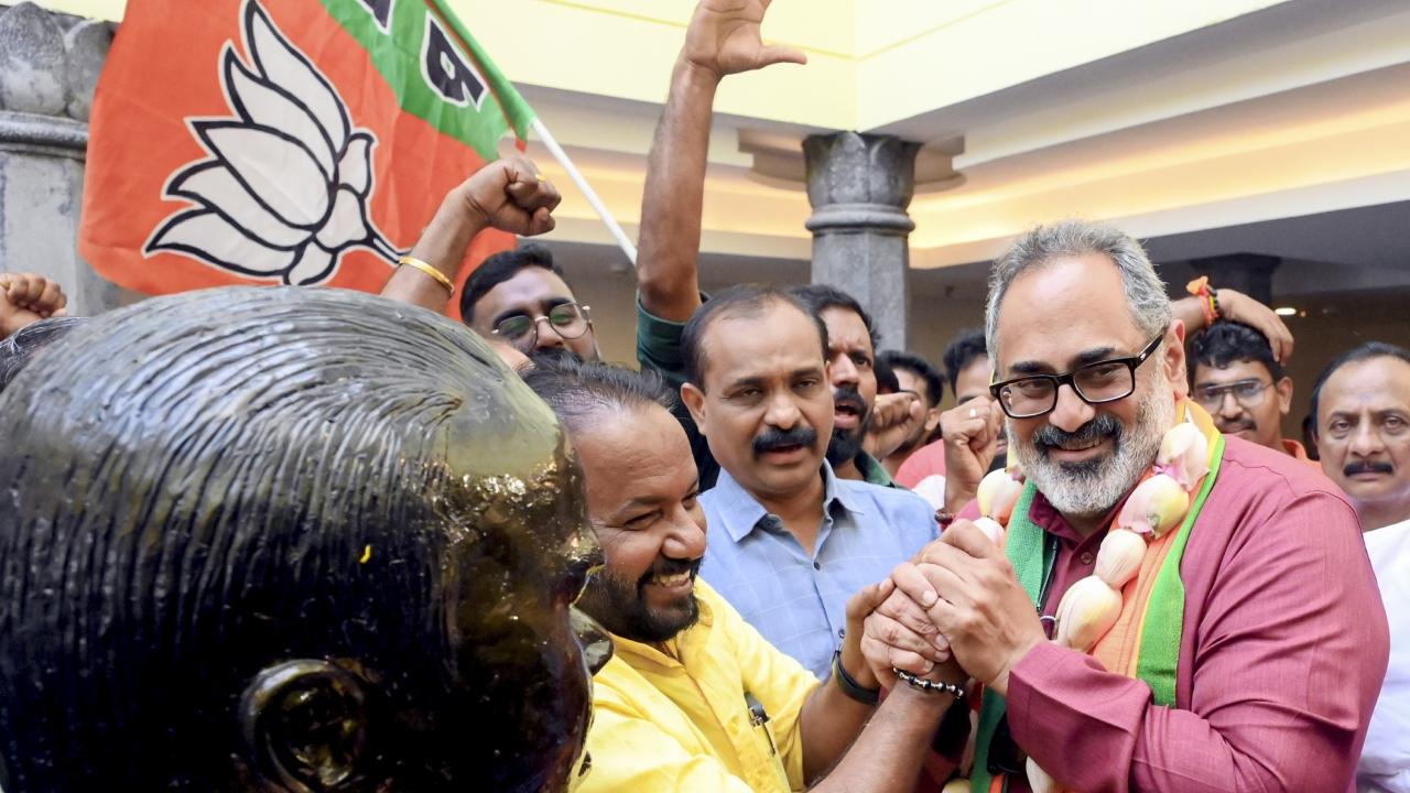 BJP Kerala President and candidate from Nemom Assembly constituency, Rajeev Chandrasekhar, celebrates his win. Pic/PTI 