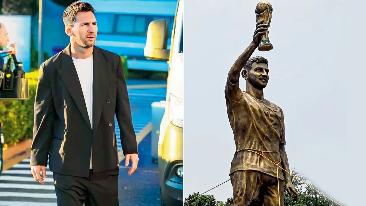 Lionel Messi; (right) Lionel Messi’s statue held by ropes in Kolkata on Wednesday. Pic/AFP