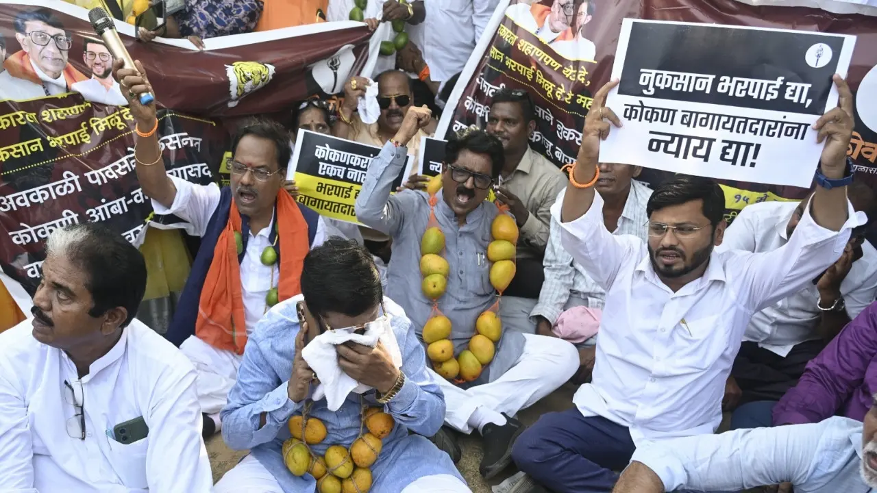 The protesters demanded compensation for losses suffered by mango and cashew growers in the Konkan region. Pics/Ashish Raje