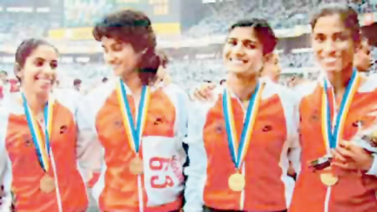 MD Valsamma, Vandana Rao, Shiny Wilson and PT Usha after winning gold at the 1986 Seoul Asian Games. Pic/Vandana Rao’s Personal Collection