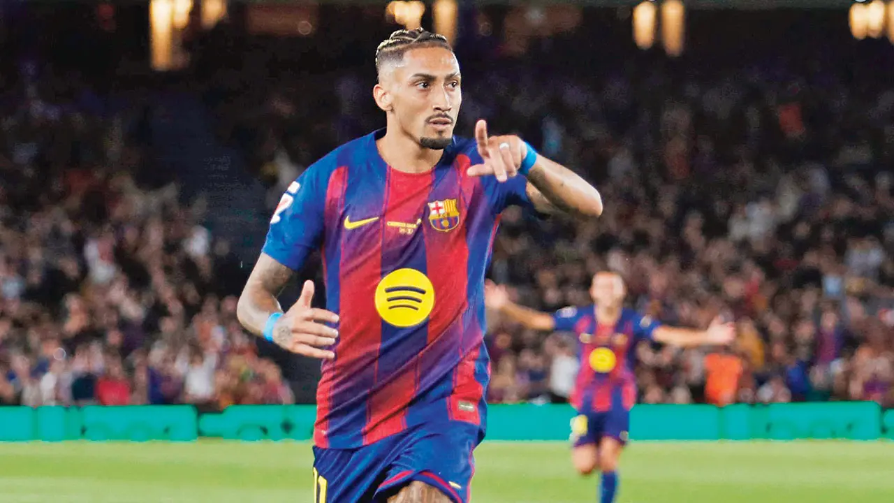 Raphinha brace helps Barca register historic record Barcelona’s Raphinha celebrates his goal against Real Betis on Sunday. Pic/AFP