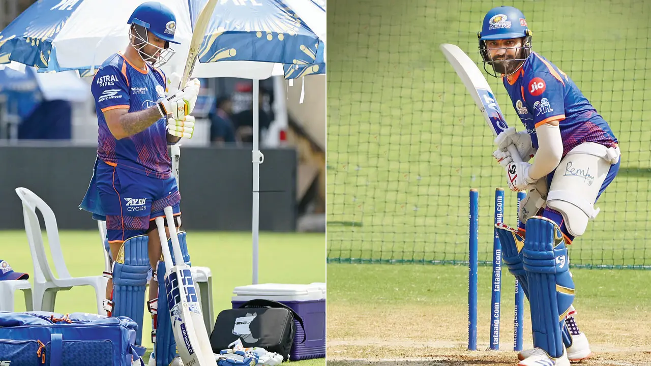 Suryakumar Yadav checks his bat on Saturday; (right) MI opener Rohit Sharma at the Wankhede nets on Saturday. Pics/Ashish Raje