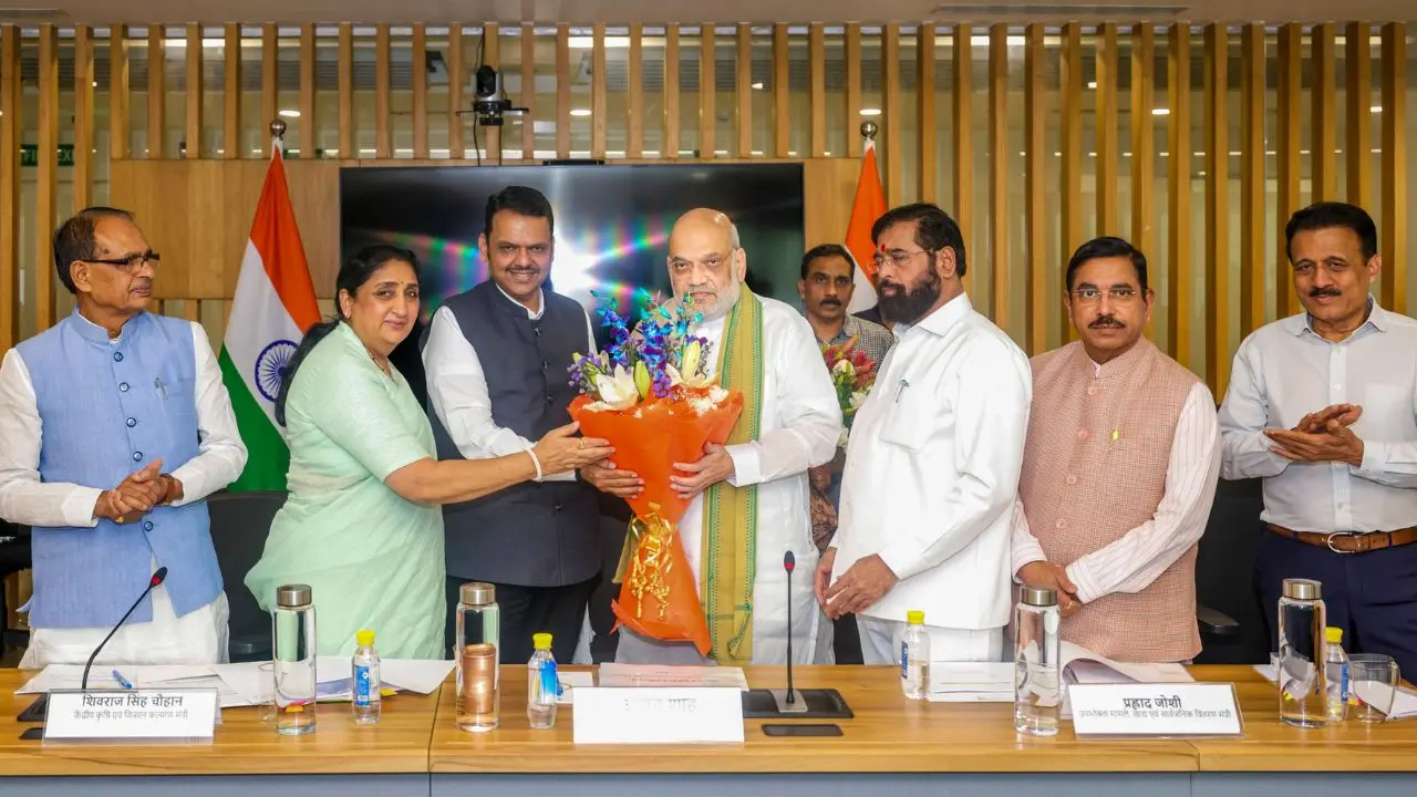 Maharashtra CM Fadnavis, State Deputy CMs Sunetra Pawar and Eknath Shinde meets  Union Minister Amit Shah meets Shivraj Singh Chouhan and Pralhad Joshi in Delhi (Pic/PTI)