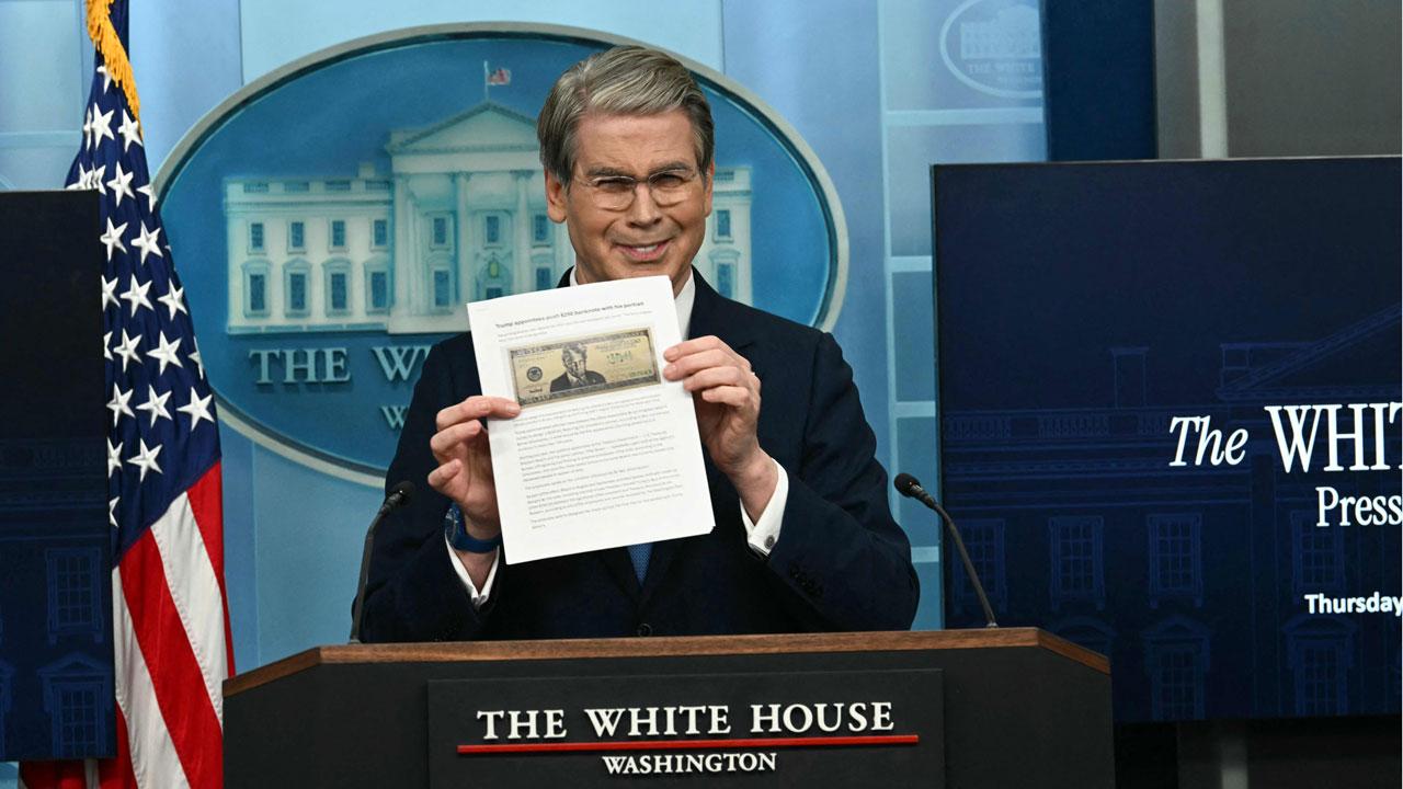 Trump administration rejects US central bank digital currency plans US Secretary of Treasury Scott Bessent shows a proposed $250 bill featuring President Donald Trump during a press briefing in the Brady Briefing Room of the White House in Washington, DC. Pic/AFP