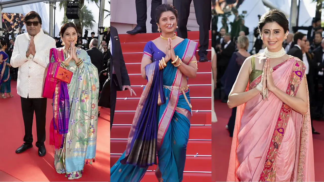 Cannes 2026: Ashok Saraf makes stylish red carpet debut with wife at 78 Ashok Saraf, Nivedita Saraf and Prajakta Mali