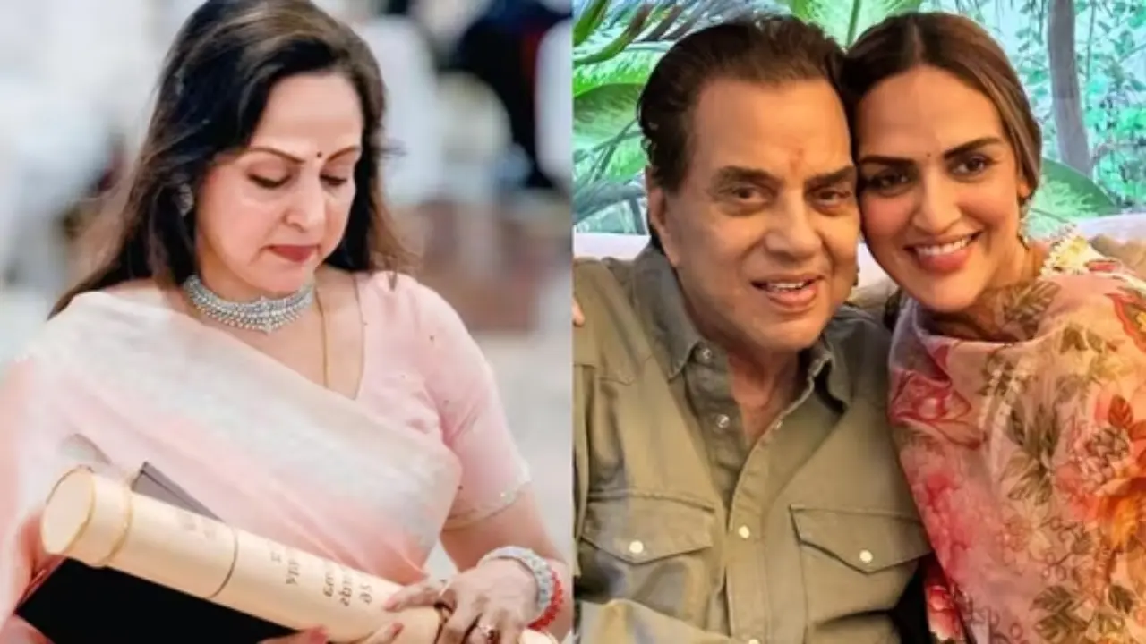 Esha Deol wishes Dharmendra was there in his ‘crisp white shirt & blue suit’ to collect his Padma award Hema Malini, Dharmendra and Esha Deol (Pictures via Instagram)