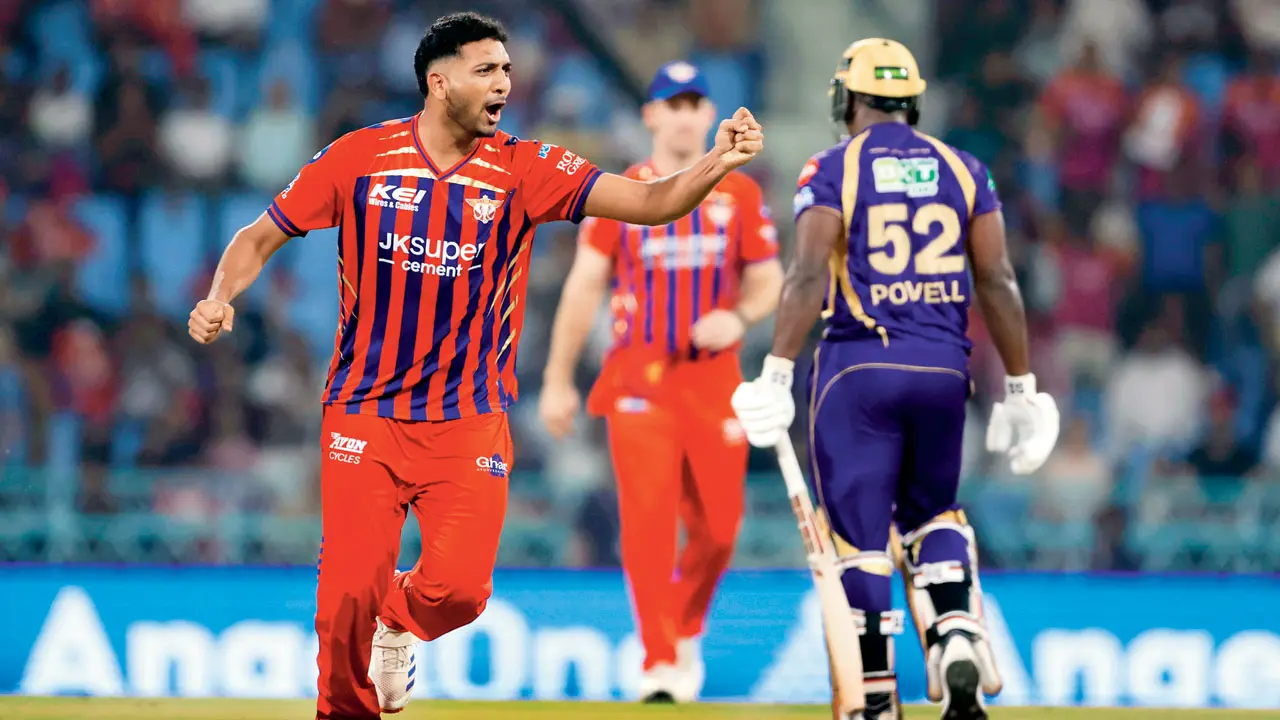 Bowlers can be given another over as a reward for wickets LSG pacer Mohsin Khan (left) celebrates the wicket of KKR’s Rovman Powell in Lucknow on April 26. LSG lost the match via a Super Over despite Mohsin claiming an impressive 5-23. Pic/IPL