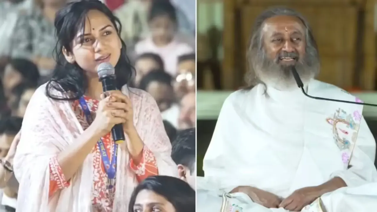 'Feel guilty of being happy': Akanksha Chamola asks Sri Sri Ravi Shankar about negativity and public scrutiny Akanksha Chamola and Sri Sri Ravi Shankar (Pics via Instagram)