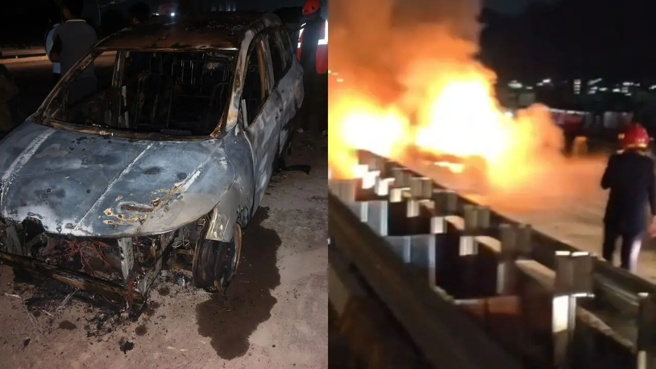 Two vehicle fire incidents reported in Thane within hours, no injuries Parked TATA Eicher vehicle gutted (left). Renault Triber blazed. Pics via TMC