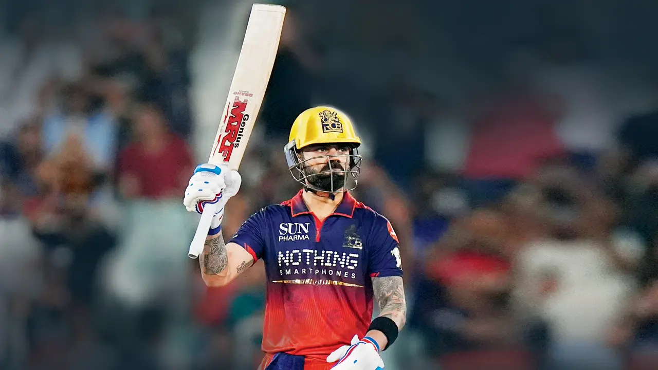 IPL 2026: ‘I give my heart and soul out there because it’s going to finish one day’ Virat Kohli celebrates his century against KKR in Raipur on Wednesday. Pic/IPL