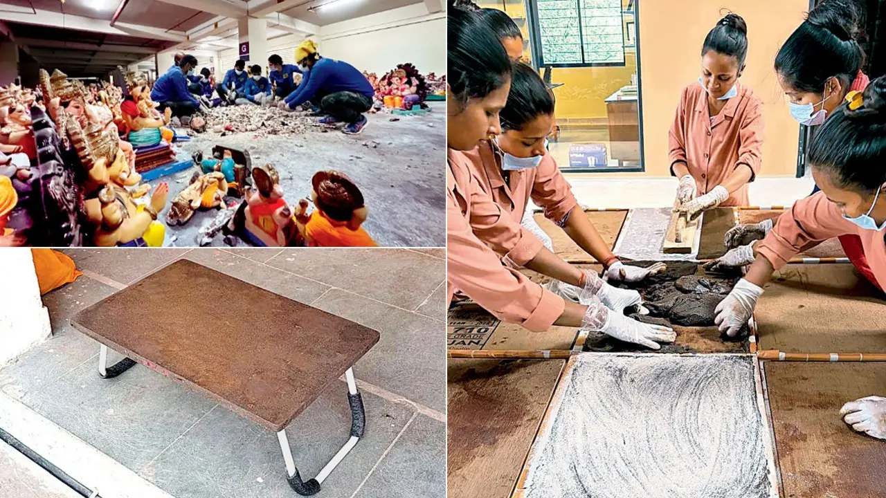 Mumbai Ganpati visarjan waste turned into study tables, benches through PoP recycling Members of the Beach Please team; A study table made from recycled PoP; The team processes PoP at the recycling facility in Valsad. Pics/By Special Arrangement
