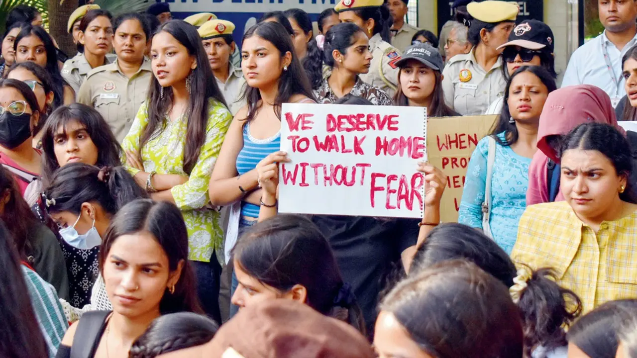 Students and activists during a protest demanding stricter measures for women’s safety outside the YMCA Tourist Hostel in New Delhi. PIC/PTI