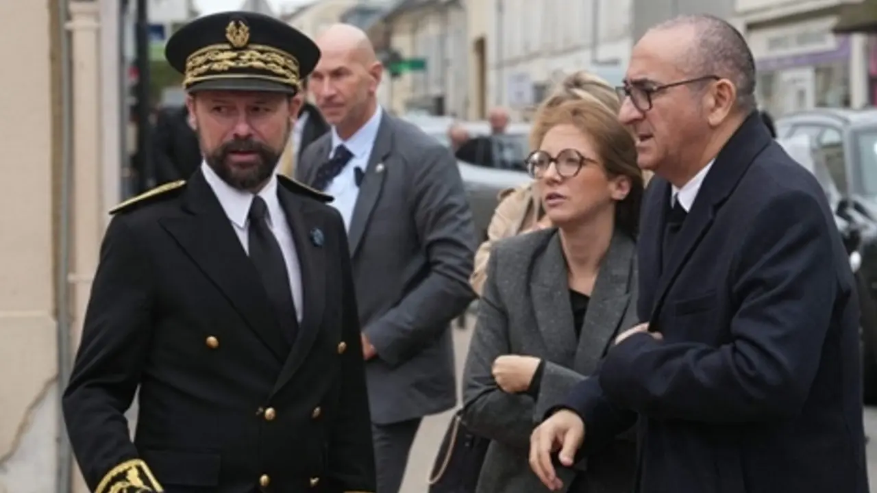 Prefect of the Yvelines Brice Blondel (left) speaks to France's Interior Minister Laurent Nunez (right) and France's junior Minister in charge of equality Aurore Berge upon arrival, following a shooting killing one person and injuring four others in Trappes, Paris' suburb on Friday. PIC/AFP