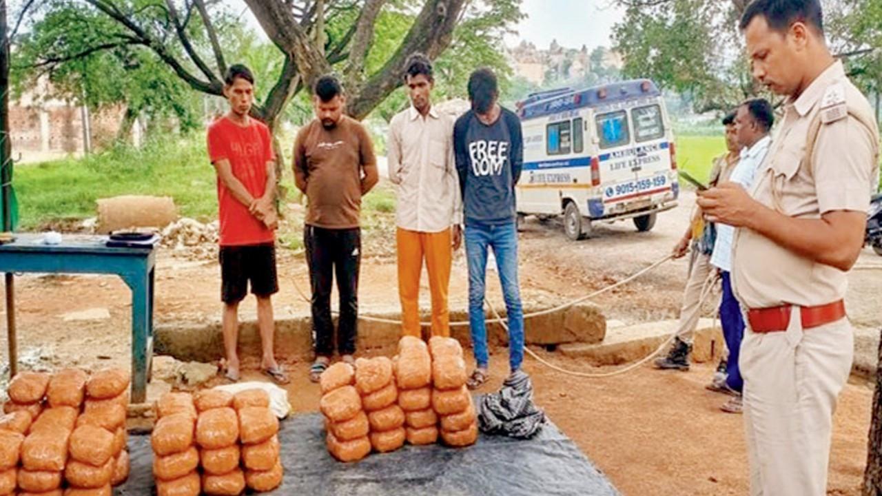 83 kg ganja seized from ambulance; four arrested in Jharkhand’s Simdega district Accused in police custody with seized items. PIC/X/@newswave31