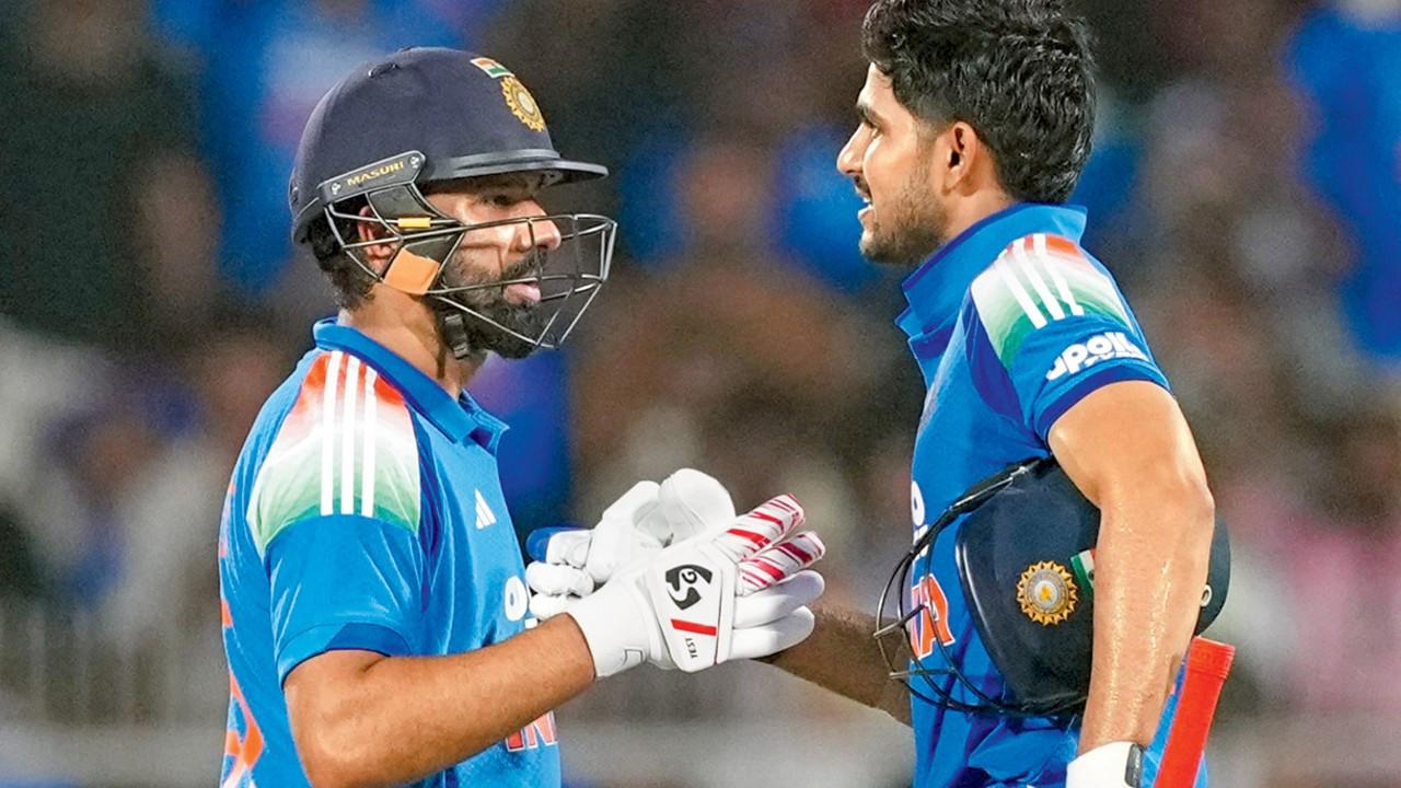 Shubman Gill, Rohit Sharma help Team India win game of record chase India skipper Shubman Gill (right) celebrates his century with Rohit Sharma during the second ODI vs WI on Wednesday. PIC/PTI
