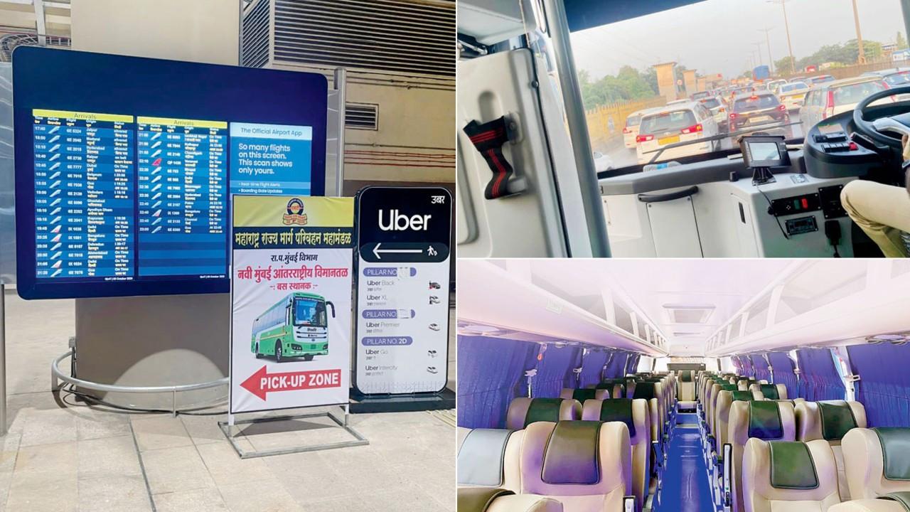 Mid-Day test drive: Mumbai to NMIA by bus costs less but can take hours A board at NMIA guiding passengers towards the MSRTC bus lane; The traffic the bus that departed from Borivli encountered before getting onto the Vashi bridge; the bus mid-day’s reporter boarded to get to Navi Mumbai International Airport on October 8 was empty