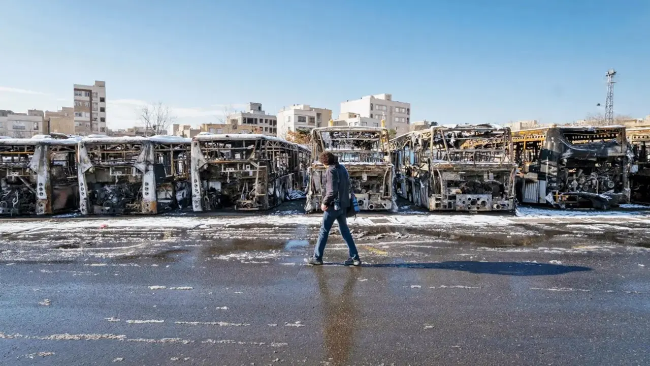 A man walks past buses that were set ablaze during anti-government protests in Tehran. PIC/Getty Images