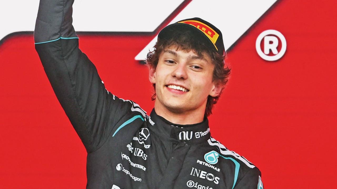 Mercedes driver Kimi Antonelli celebrates winning the Canadian Grand Prix earlier this year. Pic/AFP