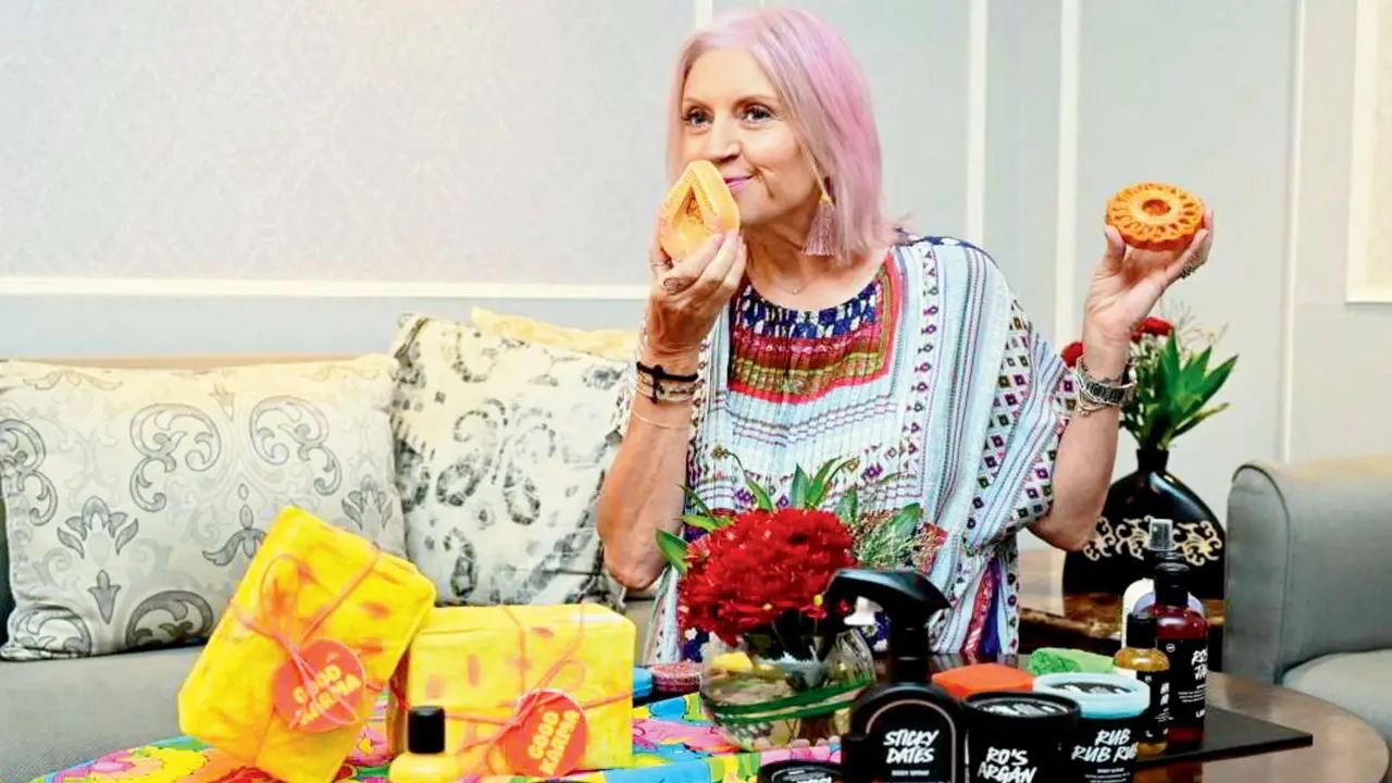 Fascinating lessons from a curious entrepreneur Rowena Bird, co-founder of Lush Cosmetics, takes in the scent of their new launches — diya and jalebi-shaped bath bombs. Pic/Shadab Khan