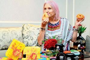 Rowena Bird, co-founder of Lush Cosmetics, takes in the scent of their new launches — diya and jalebi-shaped bath bombs. Pic/Shadab Khan