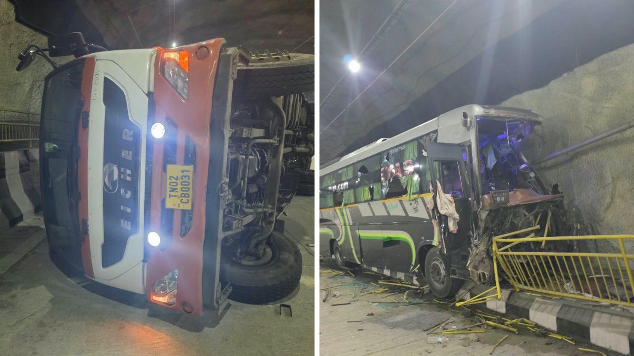 At least six injured after container-private bus collide on Mumbai-Pune Expressway connecting link; traffic hit Following the accident, traffic on the Pune-to-Mumbai carriageway of the connecting link has been temporarily stopped. Pics via Archana Dahiwal