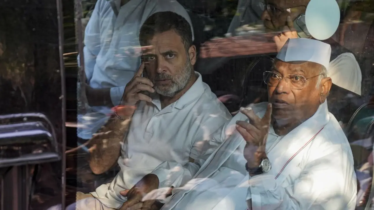 Rahul Gandhi, 10 INDIA bloc leaders challenge SIR in Supreme Court Congress chief Mallikarjun Kharge (right) and party MP Rahul Gandhi on their way to the Supreme Court to file the petition in New Delhi on Monday. PIC/PTI