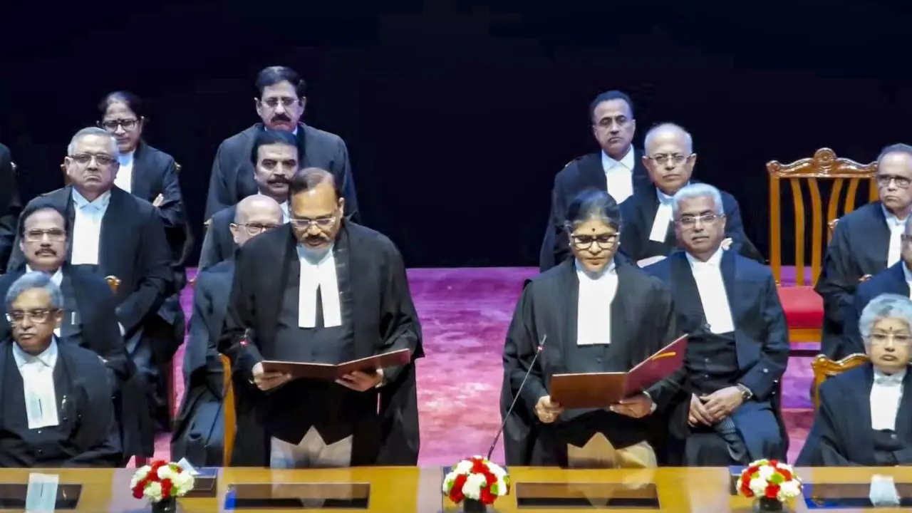Chief Justice of India (CJI) Surya Kant administers oath of office to newly appointed Supreme Court judge Sunita Agarwal during a swearing-in ceremony, in New Delhi, on Tuesday. PIC/PTI 