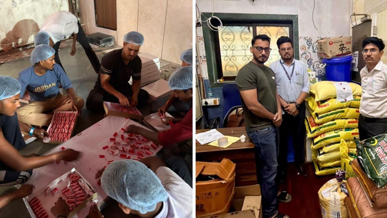 Assorted sweets suspected of containing excessive added colour, worth Rs 1.22 lakh, seized from Kandivali's Arihant Sweets (left) and 296 kg of broken rice worth Rs 35,520 from Goregaon's Classic Enterprises. Pic/ FDA