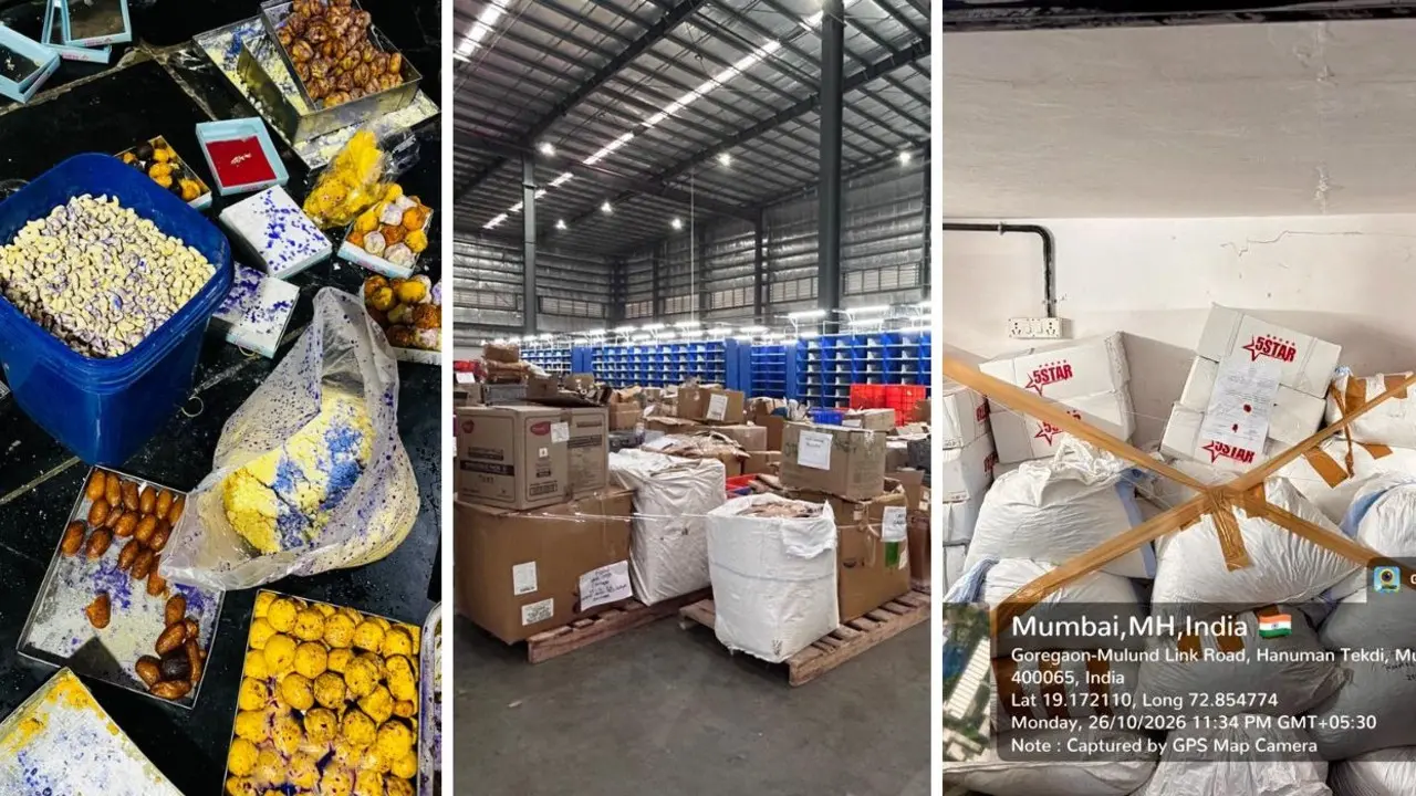 FDA crackdown: Expired food, unlabelled products worth Rs 25.54 lakh seized Unhygienic conditions at Bikaner Mithaiwala in Chhatrapati Sambhajinagar (left), expired stock seized at Cloudstore Retail Pvt Ltd in Padgha (centre), and packets of expired packaged food seized at Curated Foods in Goregaon (right). Pic/FDA