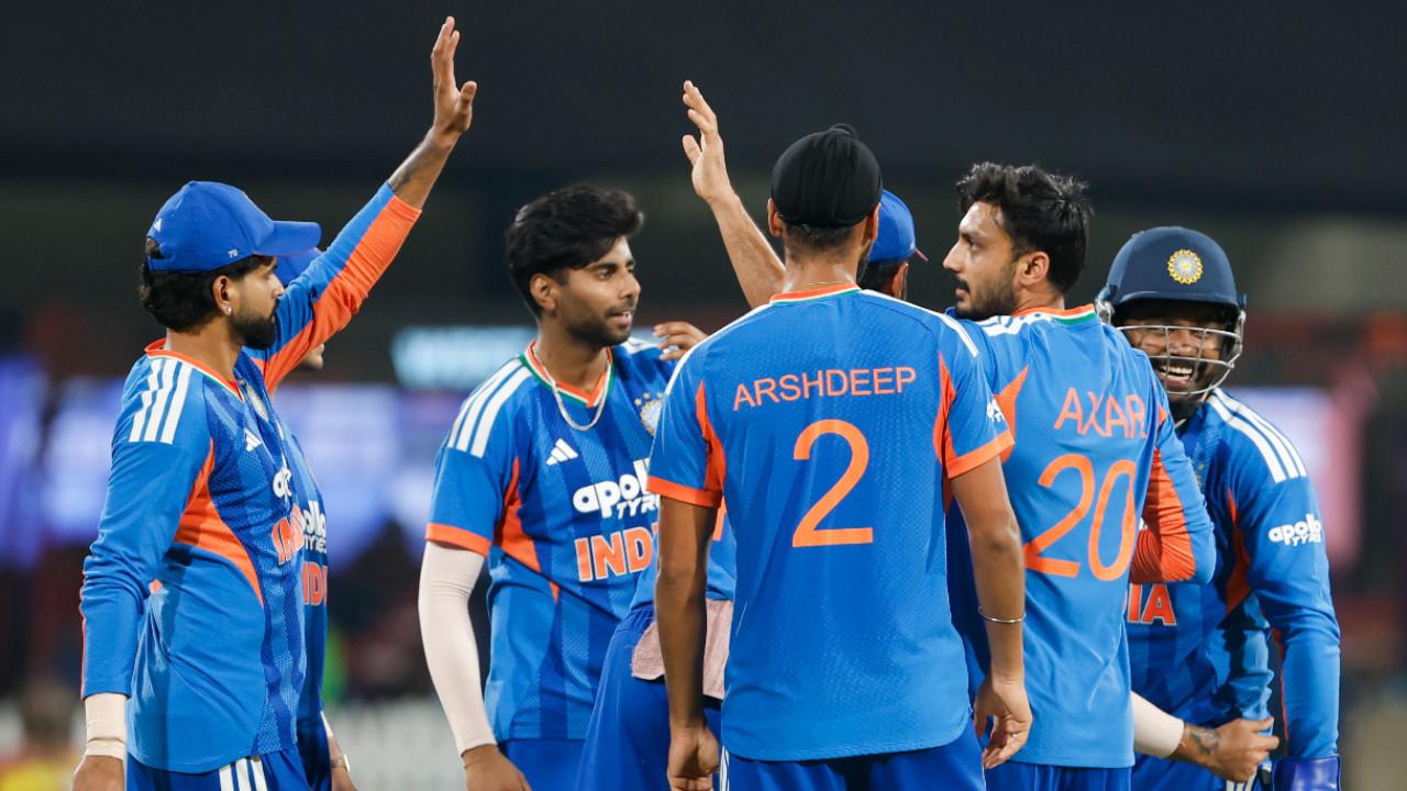 Team India`s players celebrate a wicket during the third T20I match against West Indies (Pic: X/@BCCI)