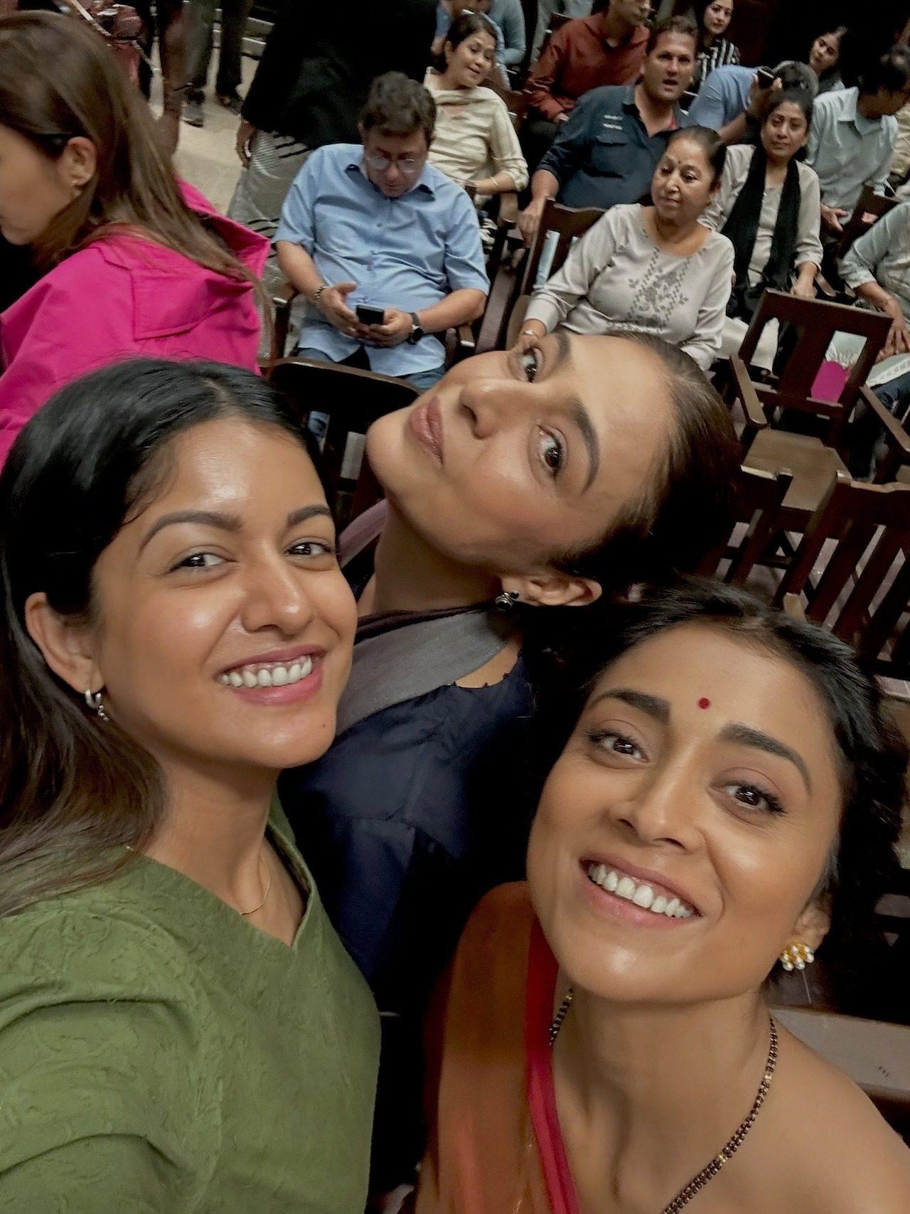 The actor also shared a goofy selfie with Shriya and Tabu behind-the-scenes. The actor also shared a goofy selfie with Shriya and Tabu behind-the-scenes.