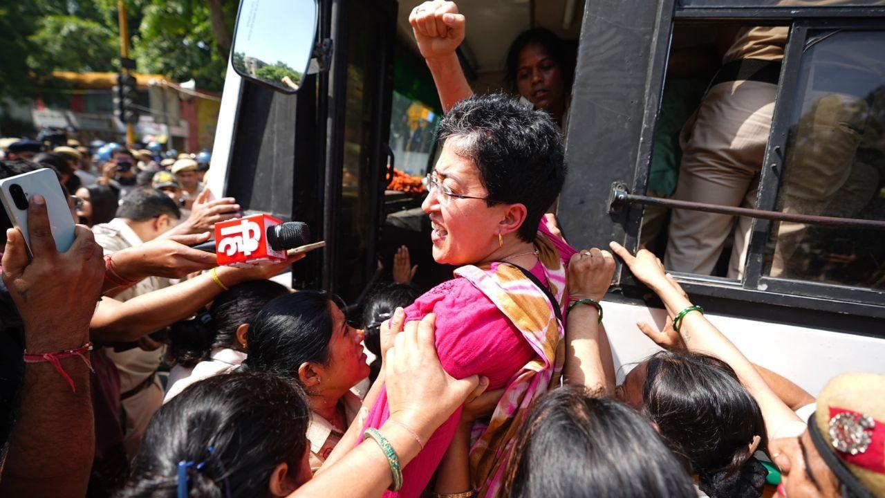 AAP MLA and former Delhi Chief Minister Atishi marched towards Jantar Mantar along with other party leaders and protesters, raising slogans of "Gyanesh Kumar resign" before she was detained by the police