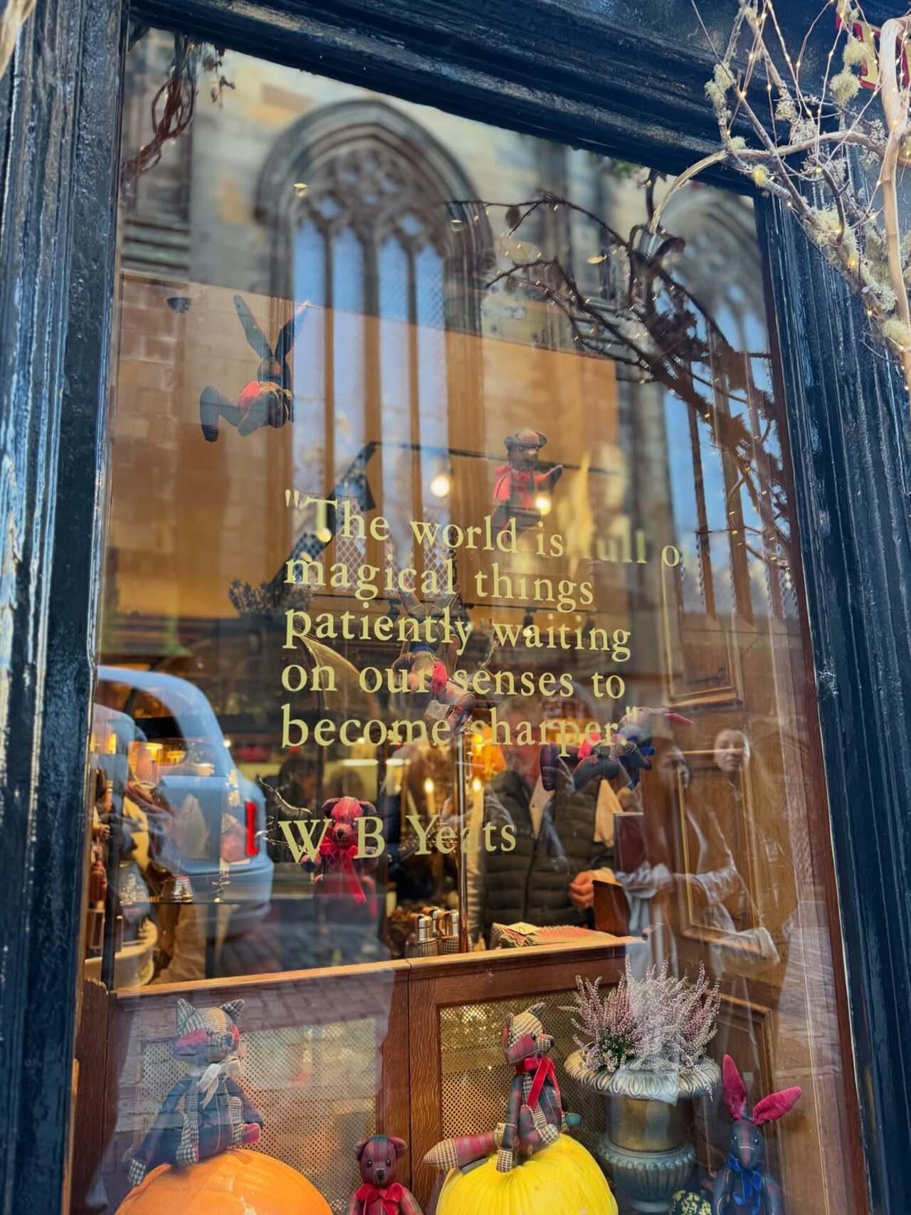 The Witchery’s window features a quote by W. B. Yeats alongside whimsical plush toys, fabric rabbits and pumpkins, creating a charming display