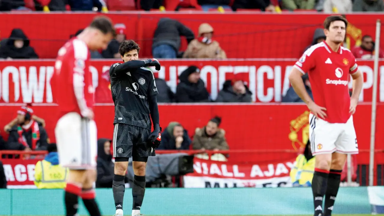 Manchester United players wear a dejected look after Bournemouth score their third goal at Old Trafford, Manchester on Sunday. Pic/AFP 