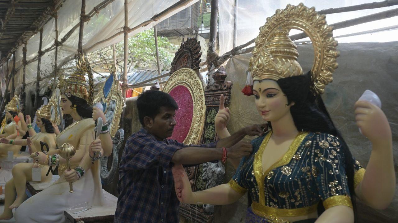 Artists at the workshop are working on the idols, with painting and colouring forming an important part of the preparations ahead of the festival Artists at the workshop are working on the idols, with painting and colouring forming an important part of the preparations ahead of the festival