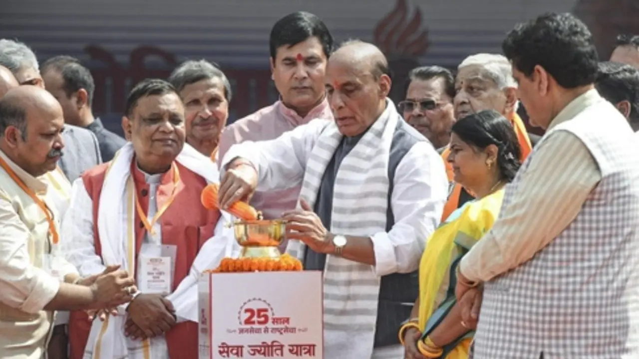 IN PHOTOS: Defence Minister Rajnath Singh addresses event marking Modi’s 25 yrs Pic/PTI