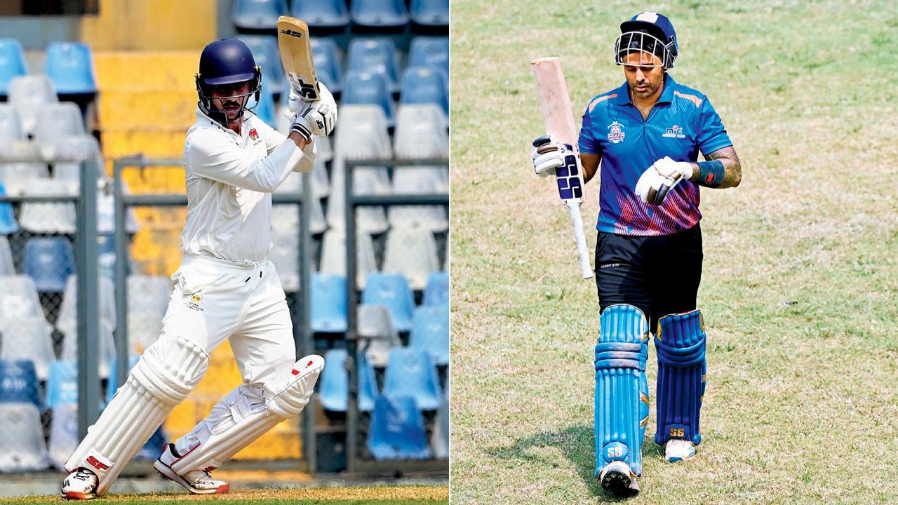Mumbai skipper Siddhesh Lad during his unbeaten 80 against Chandigarh at Wankhede Stadium on Sunday. Pic/Ashish Raje; (right) MIG skipper Suryakumar Yadav after being dismissed for 17 against Muslim United SC at MIG, Bandra, on Sunday. Pic/Atul Kamble