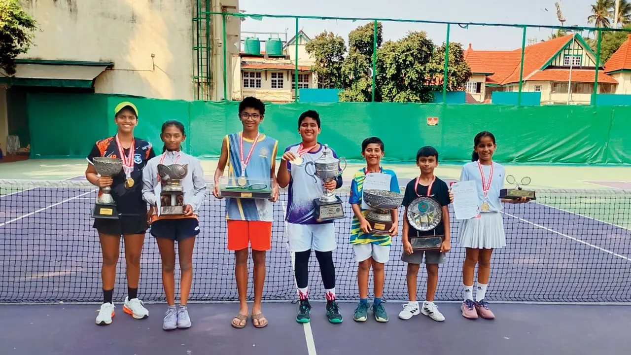 Bombay International’s Aarav, Bombay Scottish’s Vritika clinch U-16 titles Aarav Shah (third from left) and Vritika Shah (left) along with the other MSSA tennis champions pose with their winner's trophies