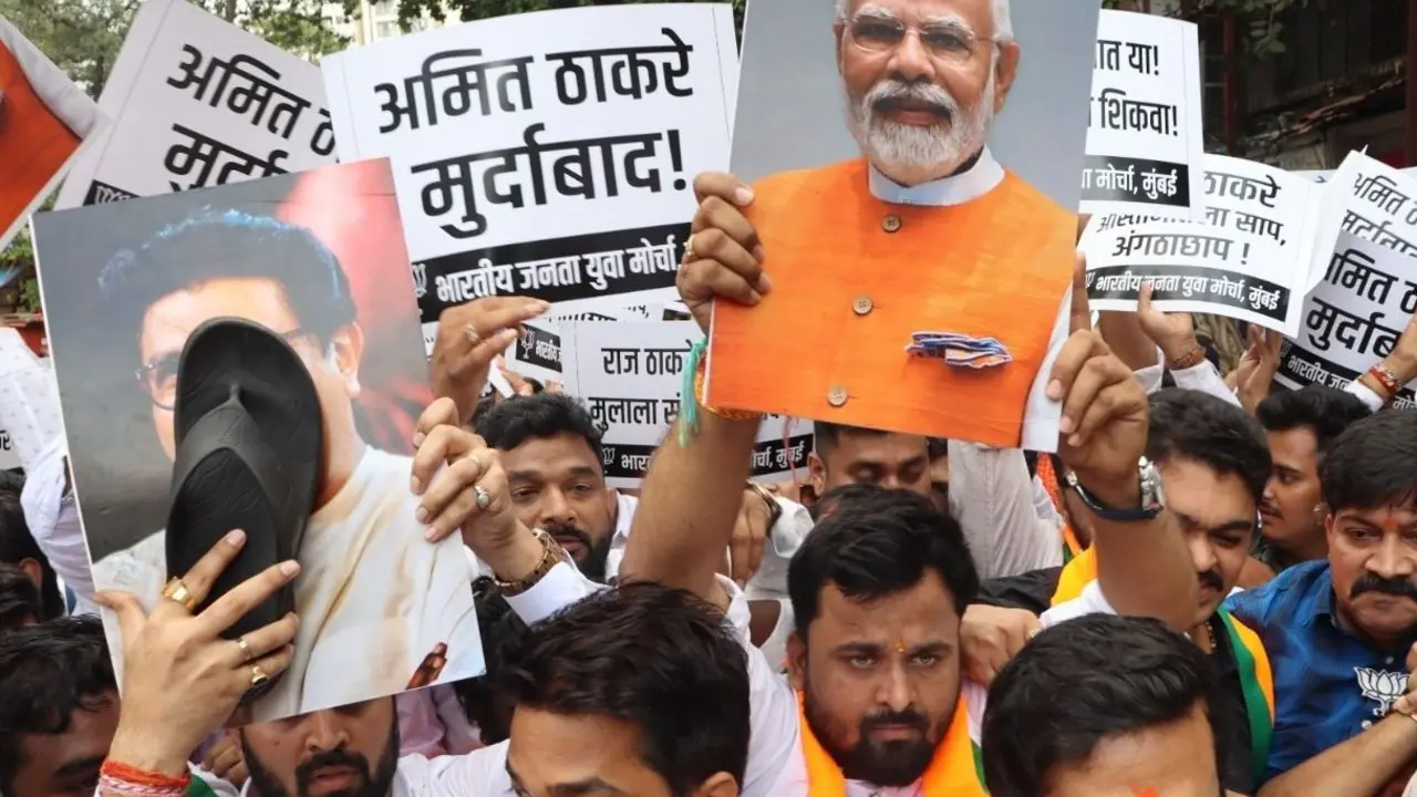 BJP-MNS face-off in Mumbai's Mahim over Amit Thackeray's PM Modi photo row The BJP staged a protest against Amit Thackeray in Mahim on Tuesday. PIC/BY SPECIAL ARRANGEMENT