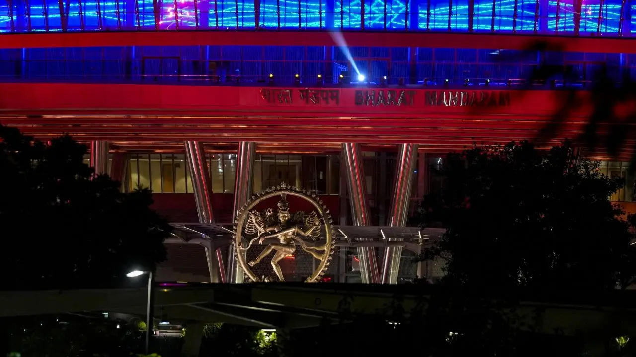Bharat Mandapam illuminated with decorative lights as part of preparations ahead of the BRICS Summit, in New Delhi, on Wednesday. PIC/PTI 