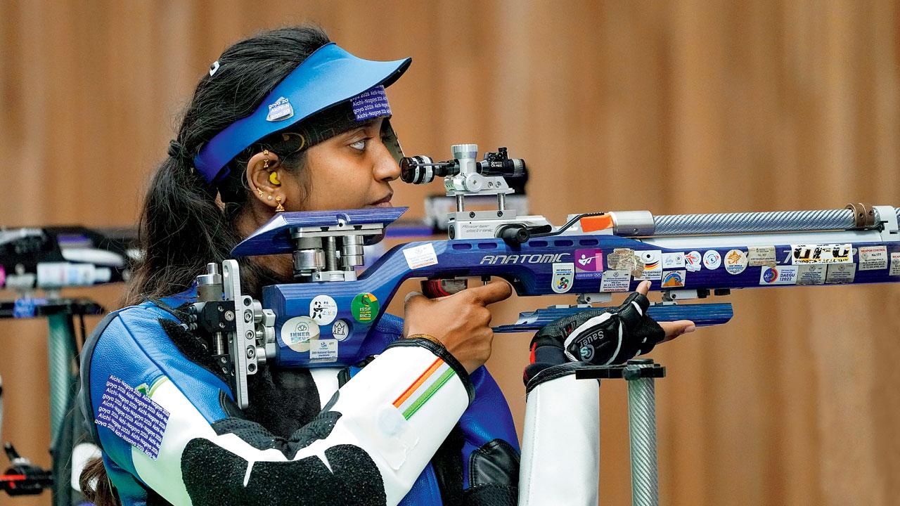 Asian Games 2026: Double silver show in won golden hour India’s Elavenil Valarivan competes in the women’s 10m air rifle event in Nagoya on Sunday. Pics/PTI