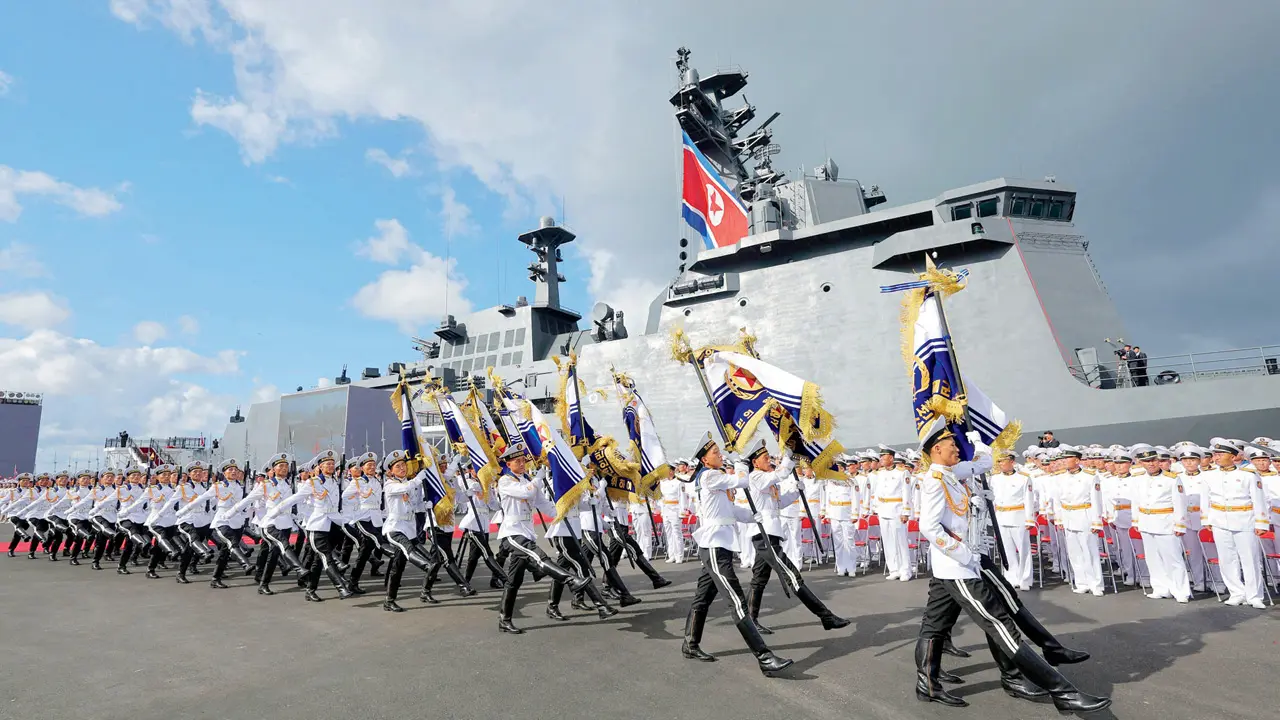 North Korean sailors march during the commissioning ceremony for the destroyer ‘Kang Kon’ at Wonsan Port in Kangwon Province. PIC/AFP