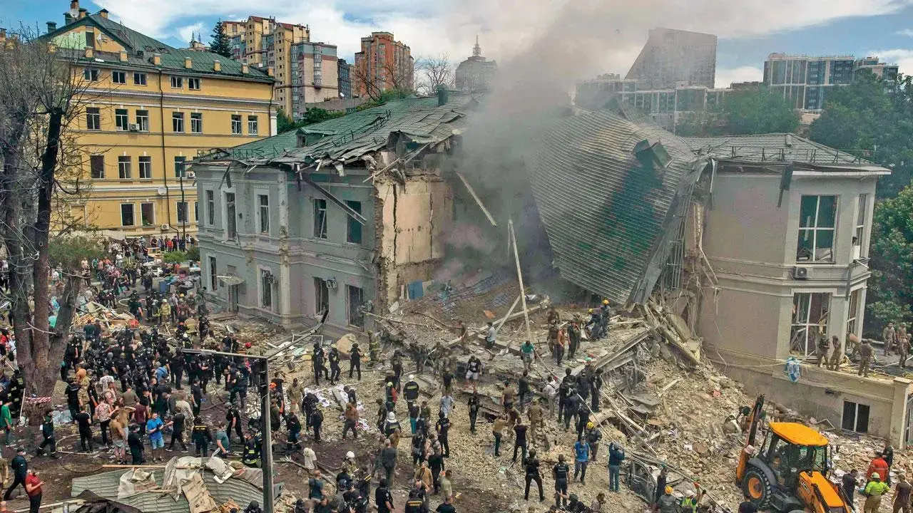 Russia bombards Kyiv for sixth straight day, killing at least 12 Emergency and rescue personnel look for survivors and clear the rubble of the Ohmatdyt Children’s Hospital. Pic/AFP
