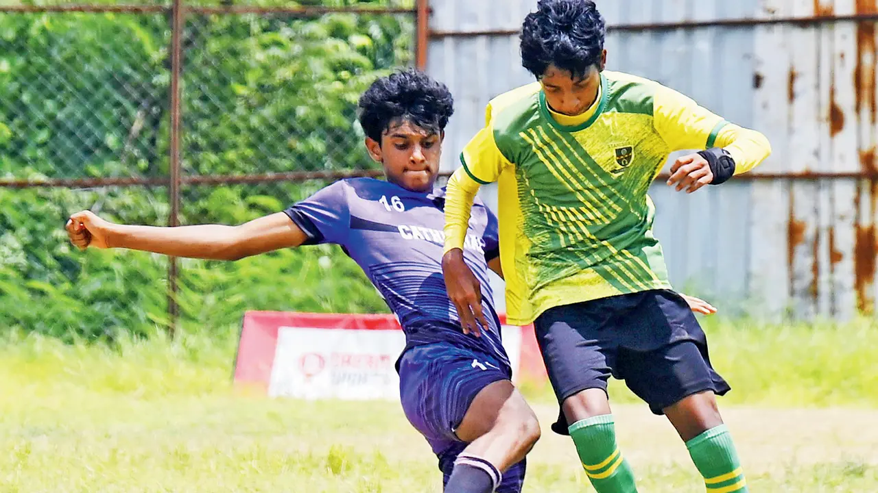 The new ball was used in the game where St Stanislaus High School, Bandra (yellow) beat Cathedral and John Connon (purple) on Wednesday. PICS/ASHISH RAJE