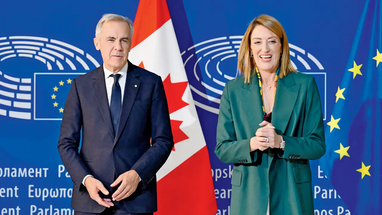 Canada welcomes EU associate membership proposal; Trump calls it ‘laughable’ (From left) Canadian Prime Minister Mark Carney delivers a speech next to European Parliament President Roberta Metsola. PIC/AFP