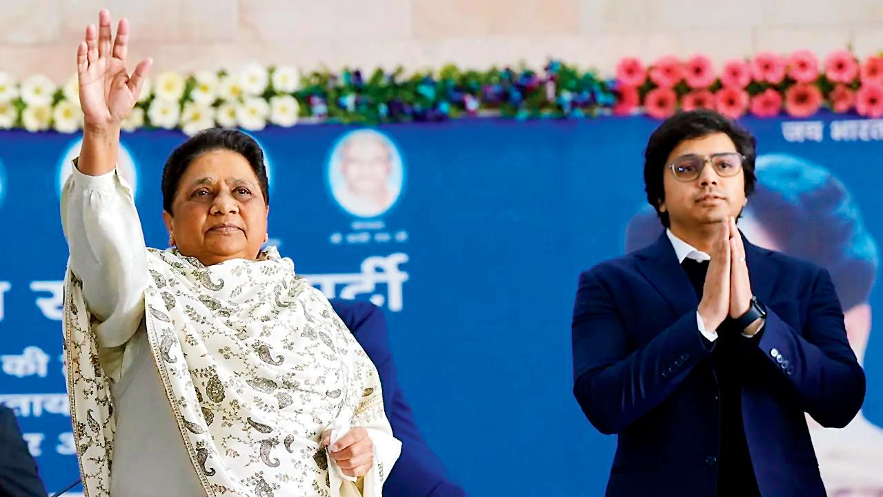 BSP chief Mayawati removes Akash Anand from BSP, questions his loyalty BSP chief Mayawati with her nephew Akash Anand. FILE PICs/X/@thenewsdrum