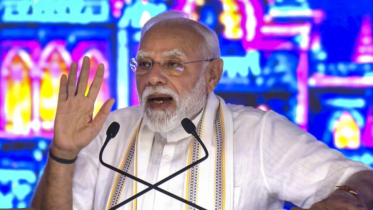 PM lays foundation stones, inaugurates projects worth over Rs 35,000 crore Prime Minister Narendra Modi addresses the inauguration and foundation stone laying of Rs 35,000 crore development projects at an event, in Vadodara, Gujarat. PIC/PTI